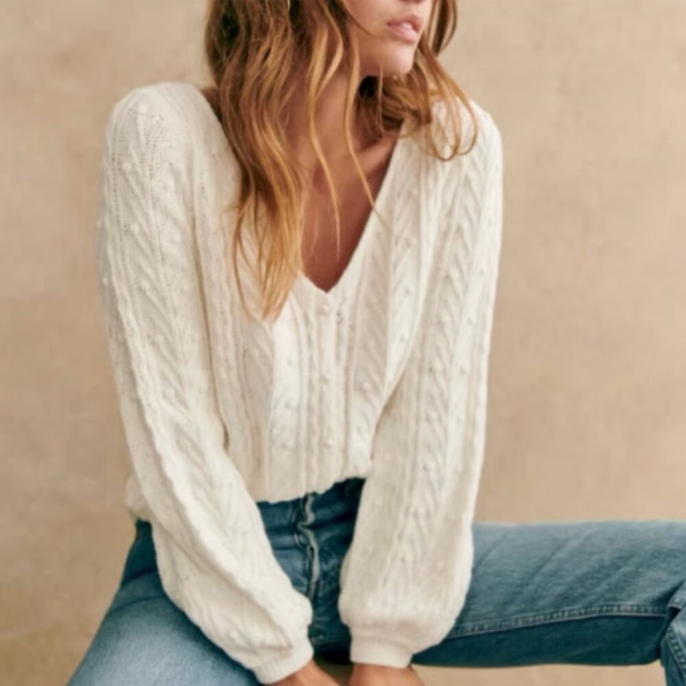 Sezane Beryl Cable Knit Cardigan in Ecru